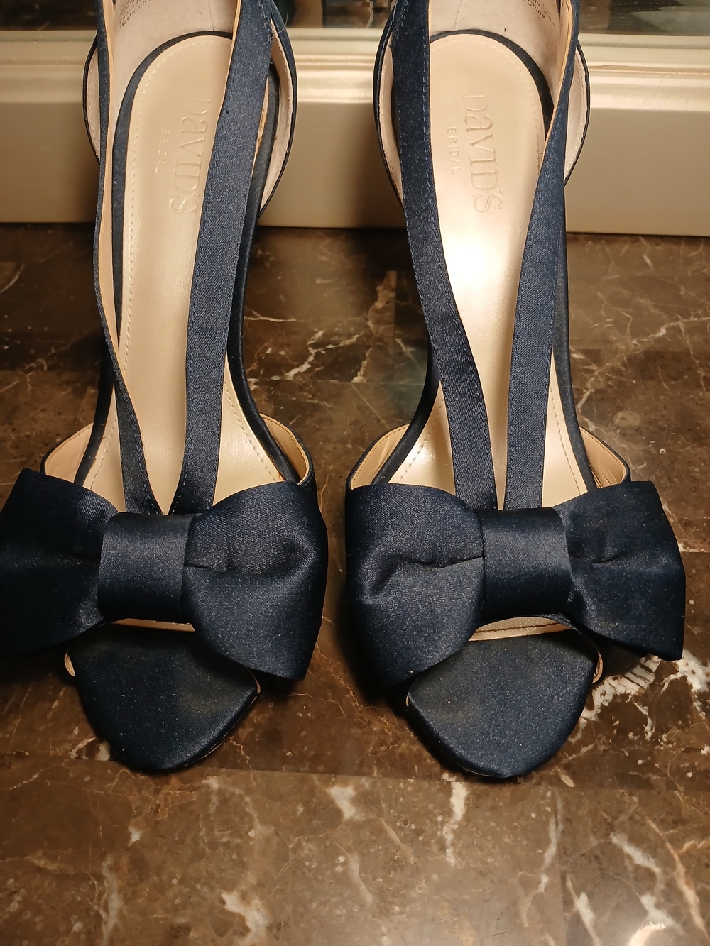 David's Bridal Navy Satin Bow Peep-Toe Heels - Picture 6 of 14